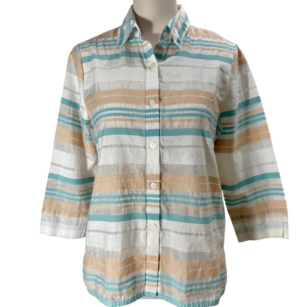 Alfred Dunner Semi-Sheer Button-Up Top Striped Womens Pink & Teal Size 8P